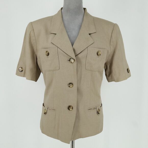 Kasper ASL Jacket Womens 14 Beige Lined Linen Blend Shoulder Pads Safari Career - Picture 14 of 16